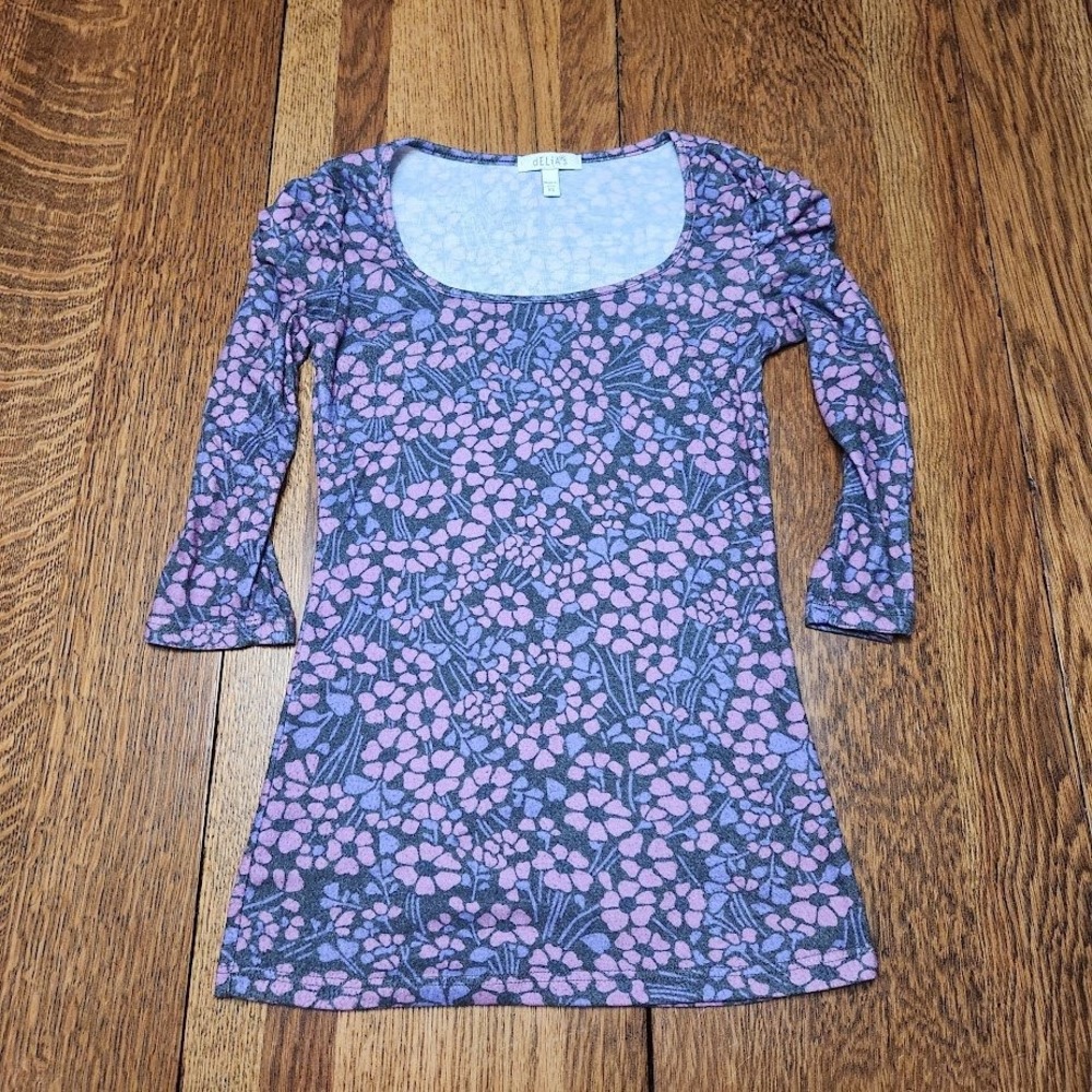 dELiA*s Purple Ditsy Floral Scoop Neck Puff Sleeve Top XS Made in USA 775